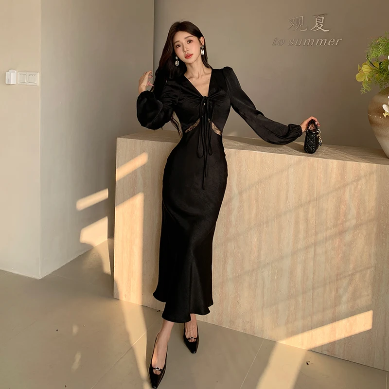 French Elegant Autumn Satin Prom Party Mermaid Clothes Sexy Women Drawstring V Neck Lantern Sleeve Lace Waist Split Long Dresses