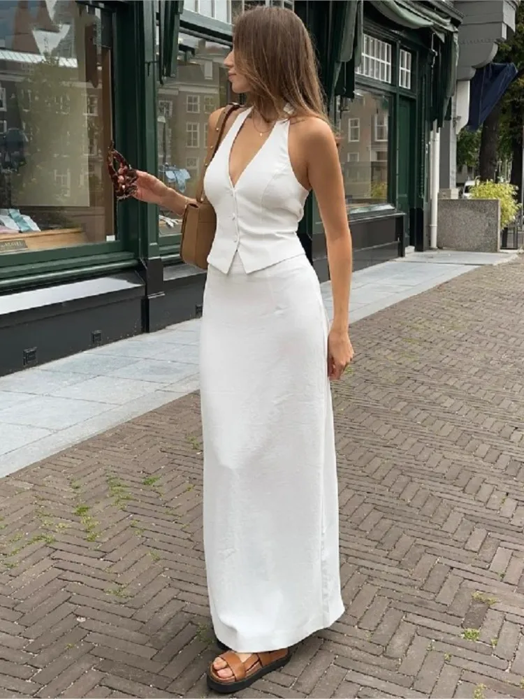 

Fashion White Skirt Two Piece Sets For Women Sexy V-neck Halter Tank Top And Long Skirt Outfits Female Elegant Office Lady Suit