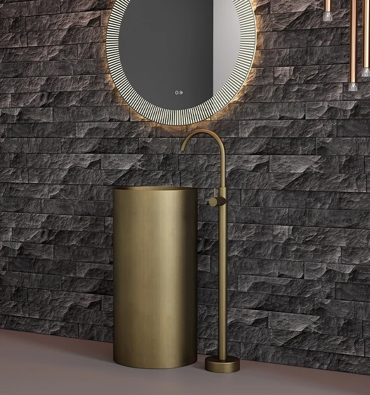 Bronze Light Luxury Thin Edge Stainless Steel Column Type Wash Basin Bar Gold Wash Basin Floor to Floor