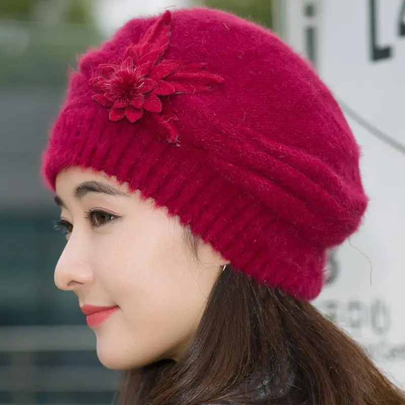 1 قطعة قبعة ، قبعة أمي من الصوف المحبوك للخريف والشتاء الدافئ ، قبعة إكسسوارات شتوية على شكل زهرة للنساء