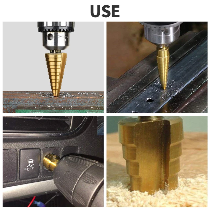 HSS Straight Groove Step Drill Bit Set, Revestido de titânio, Madeira, Metal, Cortador de furos, Núcleo, 3-12mm, 4-12mm, 4-20mm