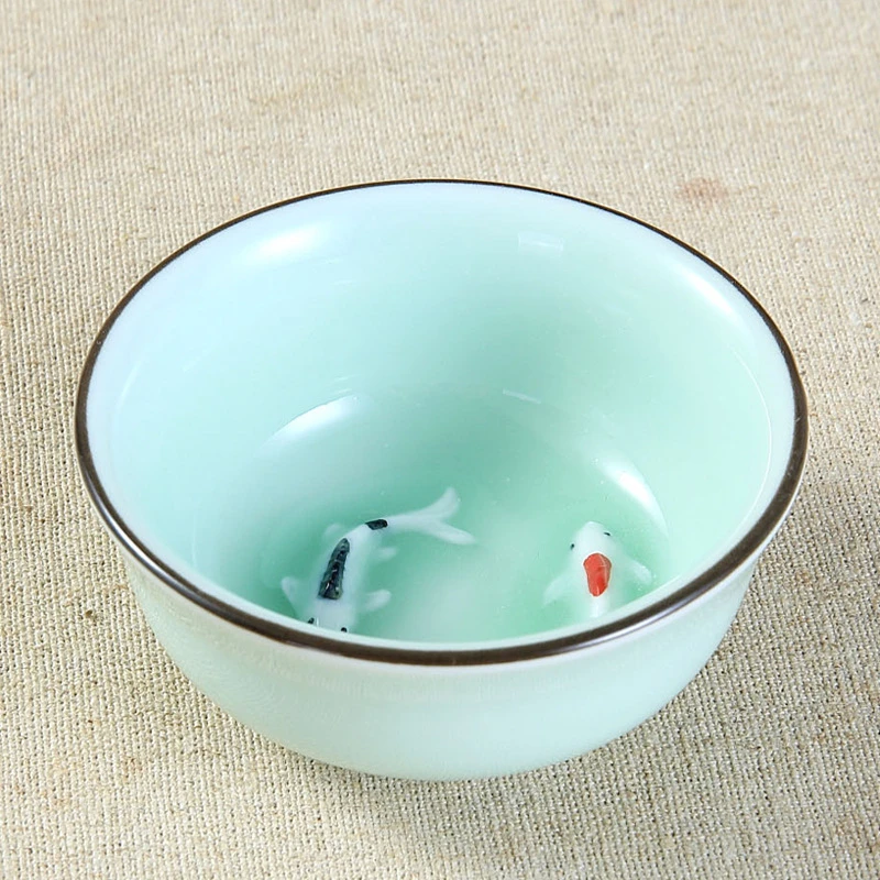 Blue/Green Celadon Chinese Kung Fu Tea Set Pu\'er 3D Fishes Teacup Hand-painted Ceramic Relief Double Carp Master Tea Cup 60ml