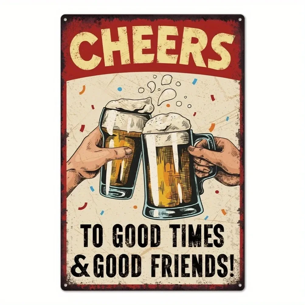 1 Stück Vintage Distressed Metallschild – „Cheers to Good Times“ Retro-Blechkunst mit rotem Hintergrund, Bierkrüge und Konfetti