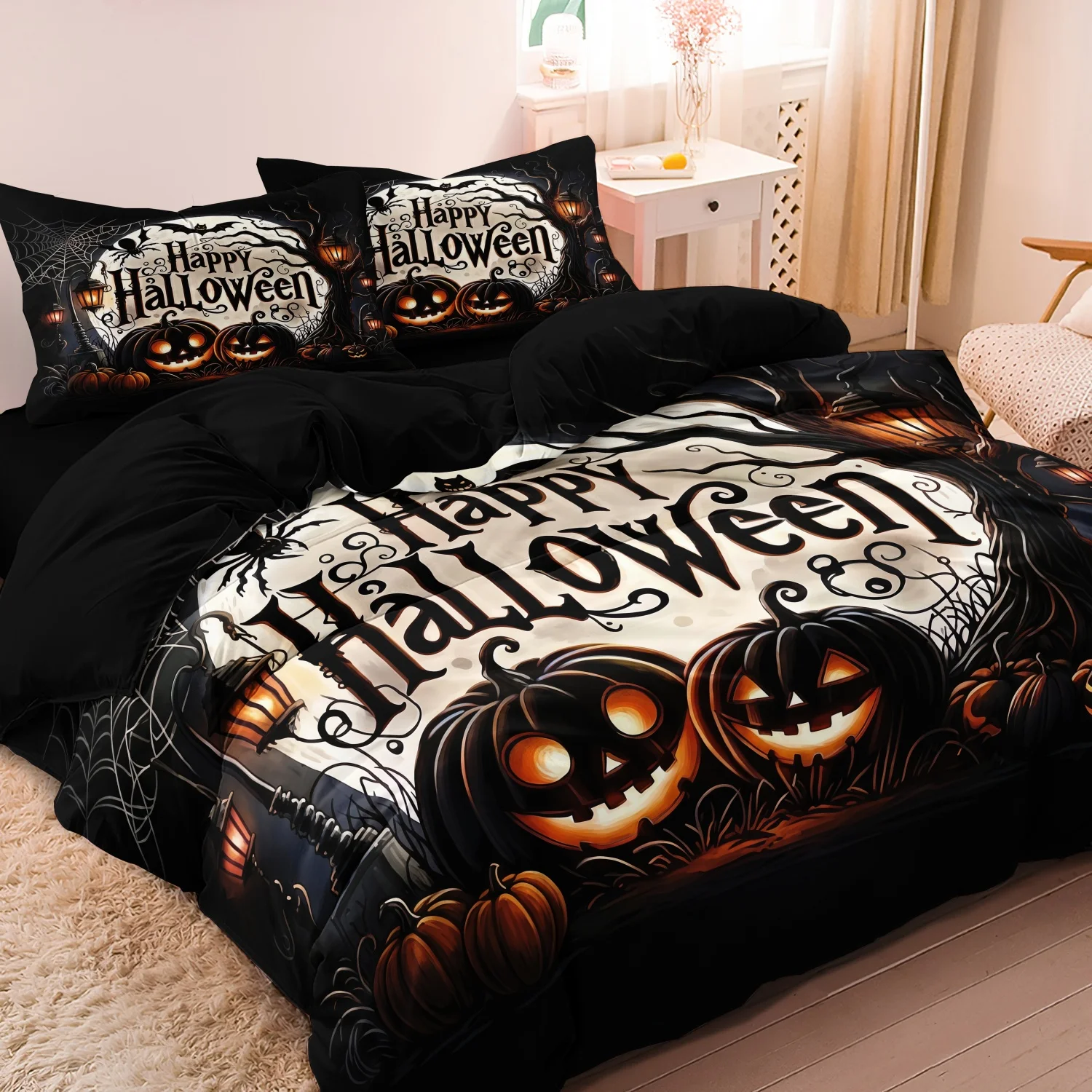  3Pcs Spooky Retro Halloween Print Duvet Cover Set, Happy Halloween Letter Pumpkin Spider Web Bat Old Lantern Print Bedding