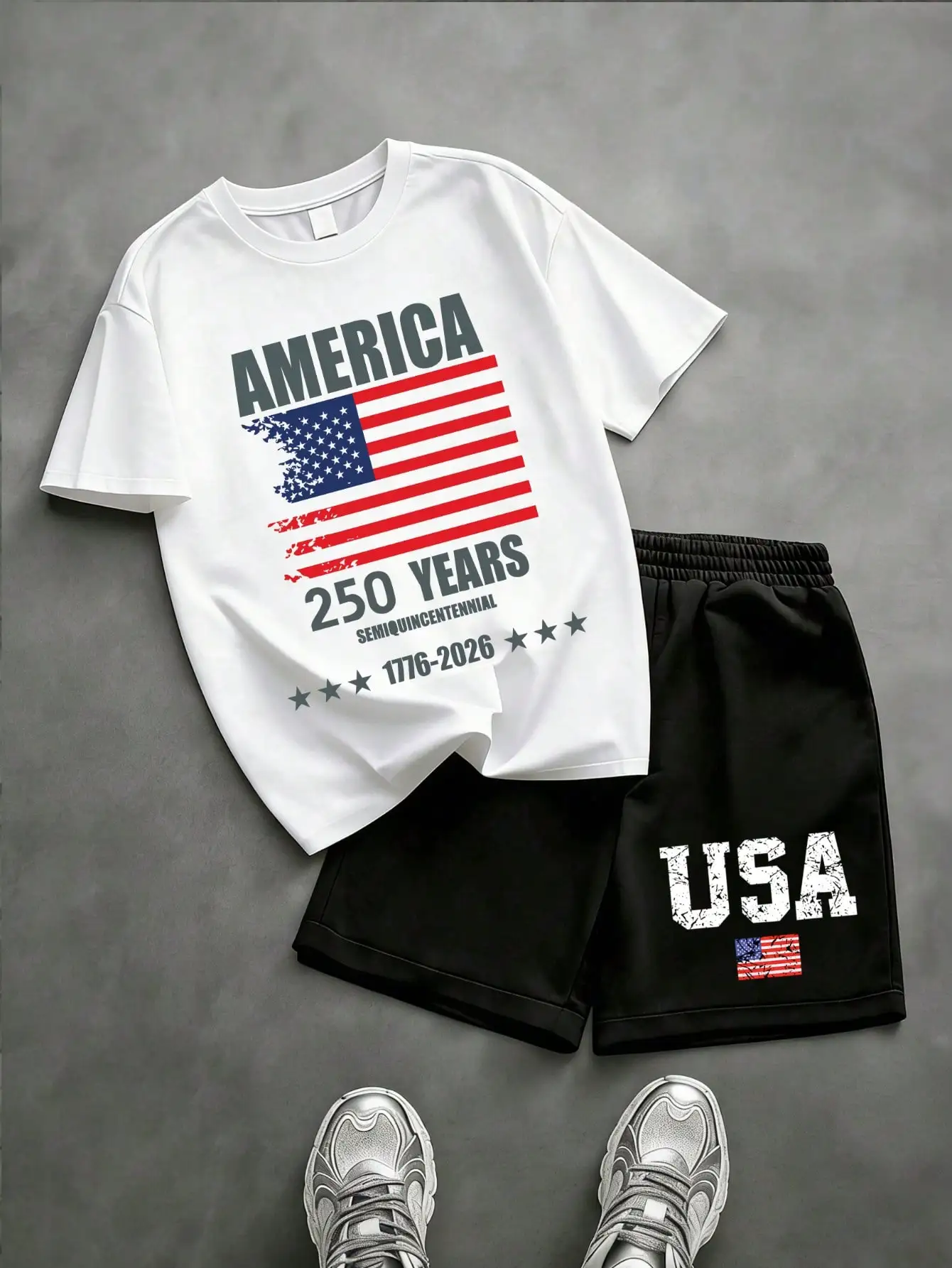Patriotic Print 2Pcs Boys Outfit Short Sleeve T-shirt And Shorts Casual Summer Suit Fashion Wear For Teen Boys Daily Outdoor Holiday Activities
