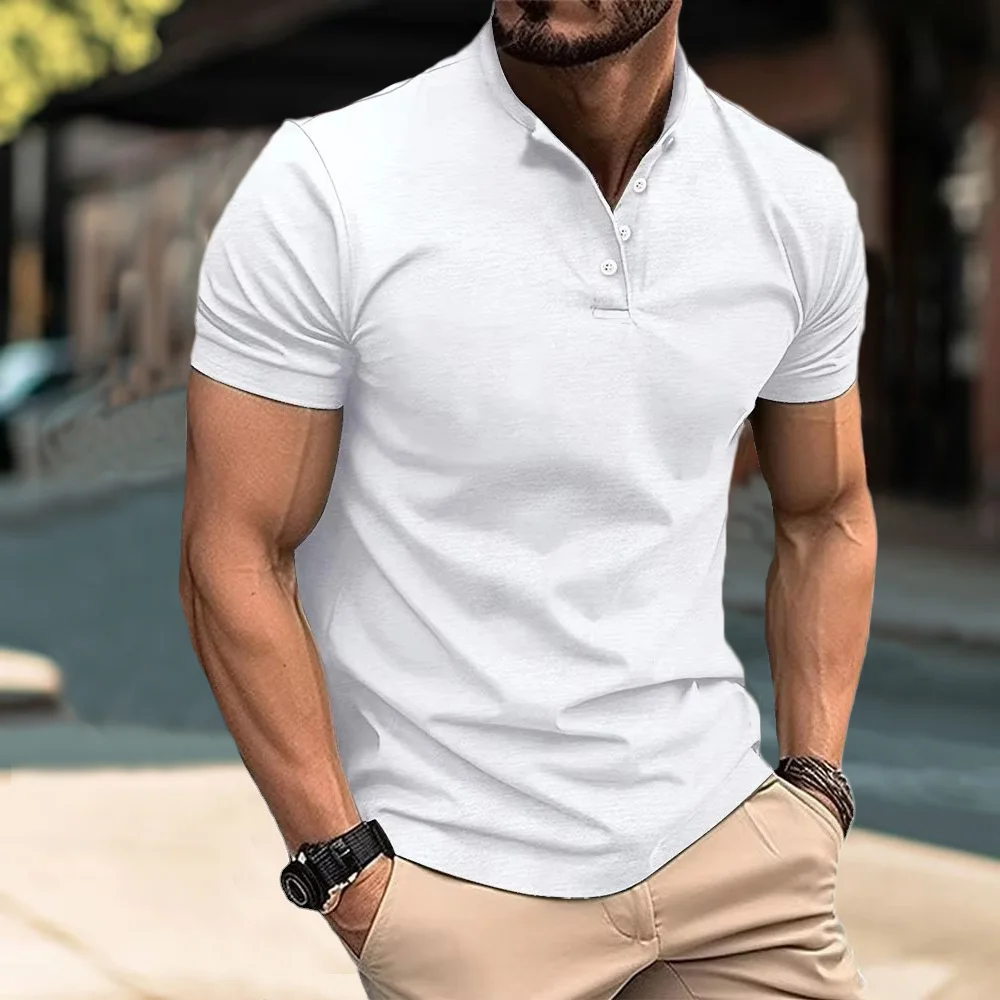 Men\'s Henry Collar Cotton Short Sleeve T-shirt Casual Solid PoIo Shirt Male Cozy Tees Slim Fit Dailywear Button Up Basic Tops