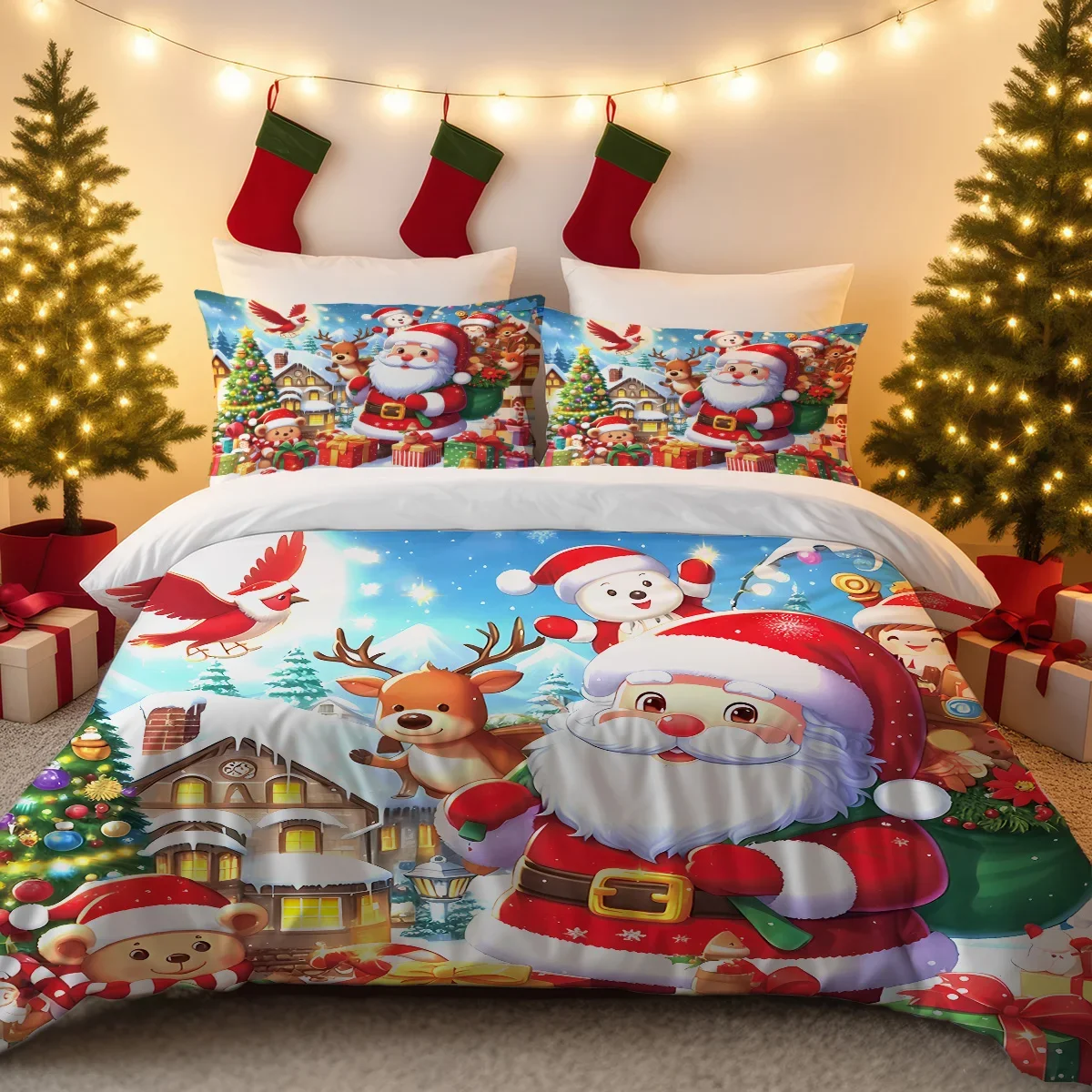 

3pcs Cartoon Santa Claus Printed Chipless Bedding Set Bedroom Dormitory Soft Duvet Cover Multiple Sizes Machine Washable