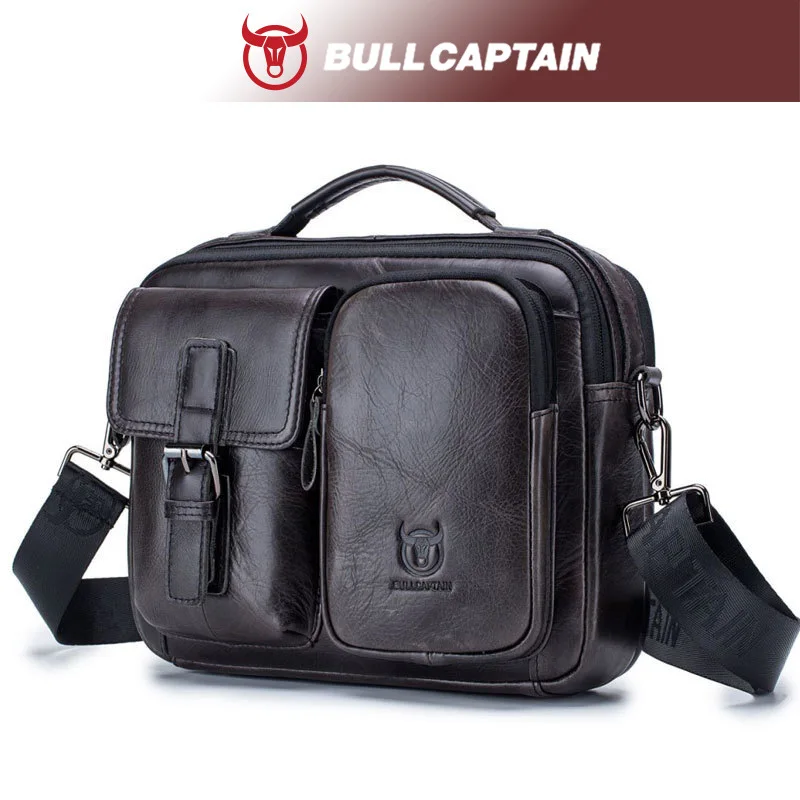 حقيبة كتف واحدة للرجال من الجلد الطبيعي متعددة الجيوب محمولة باليد ذات سعة كبيرة لتخزين الكمبيوتر المحمول