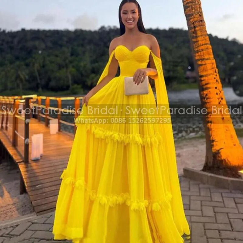 

Gorgeous A Line Prom Dresses Long Off Shoulder Flowers Customized Gold Yellow Chiffon Cloak Formal Evening Dress Party