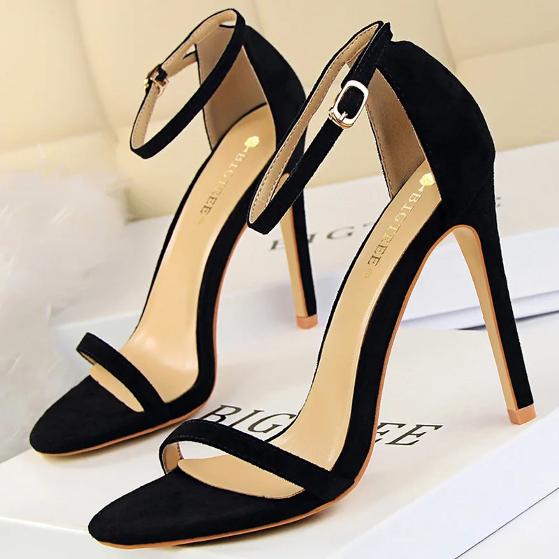 Summer Women Sexy Stiletto Heels Suede Sandals Classic Ladies Fetish 11cm High Heels Flock Shoes Female Party Prom Pumps Bigtree