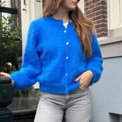 Combhasaki Women's Y2K Vintage Crop Cardigans Solid Color Long Sleeve Button-Down Sweaters Fall Casual Basic Soft Knitted Coat