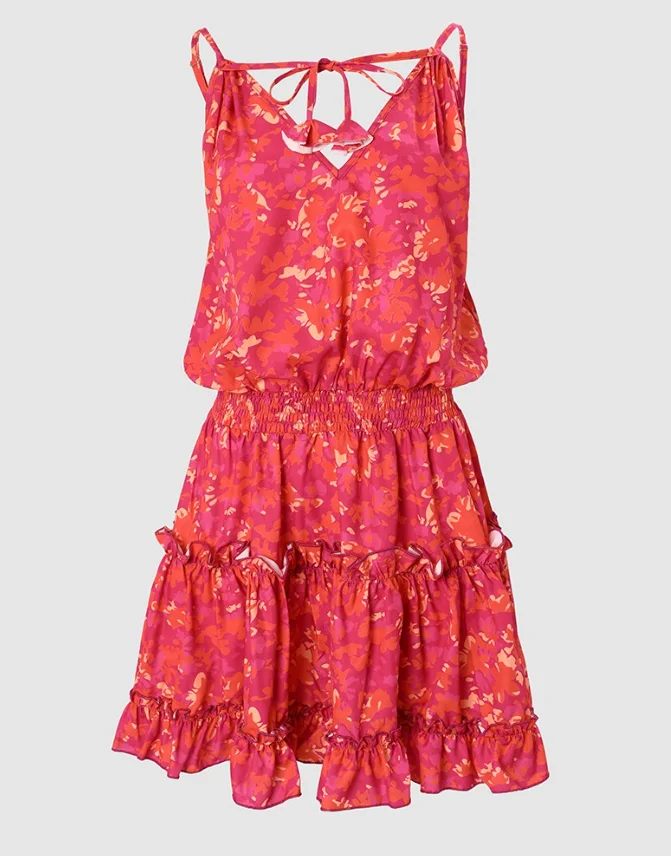 Vestido corto con estampado Floral para mujer, minivestido fruncido con dobladillo y volantes, cuello en V, falda con tirantes finos, primavera y verano, 2024