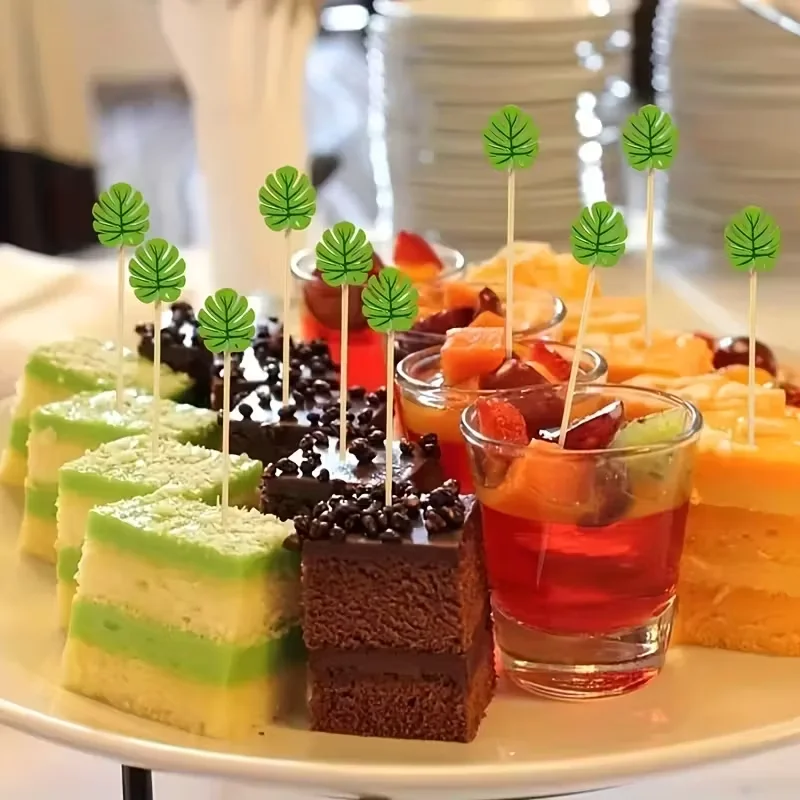 50 Stück / 100 Stück Bambus-Cocktailgabeln in tropischer Form, Blattförmige Riesen-Rankenblätter und Hawaiianische Getränkestäbchen, Partydekoration – Detail 4