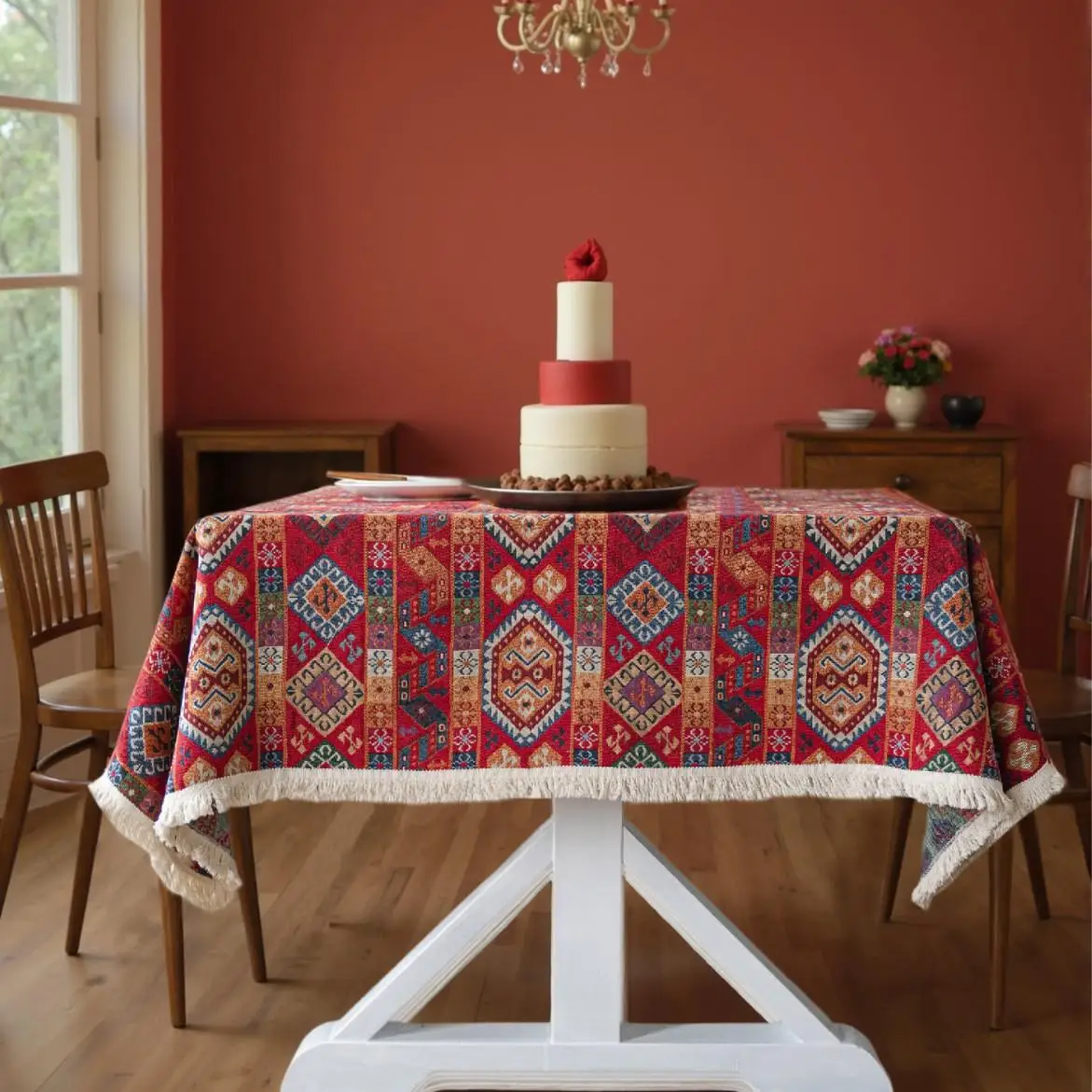 Ele Red Floral Embroidery Tablecloth Cisas Celebration Thiened Dining Table Cover American Sle Home Textile
