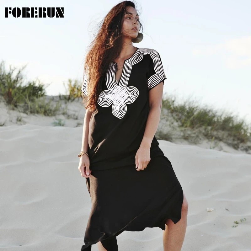 

FORERUN Black Beach Dress Women Embroidered V Neck Short Sleeve Side Split Loose Long Kaftan Vestidos Playa Beachwear Tunic