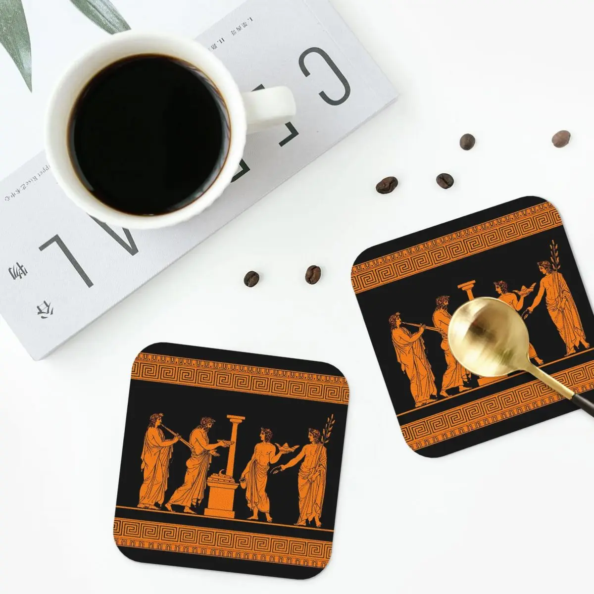 Red Figure Greek Vase Offering Scen Coasters PVC Leather Placemats Insulation Coffee Mats for Home Kitchen Dining Pads Set of 6
