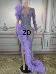 Silver Rhinestone Purple Mesh Transparent Long Dress Birthday Celebrate Outfit Evening Women Dancer Dress plus sizes
