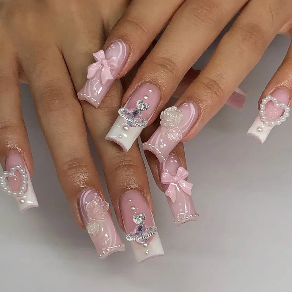 24 piezas de uñas postizas largas, medianas y cortas para mujeres y niñas, decoración de lazos y flores, puntas francesas 3