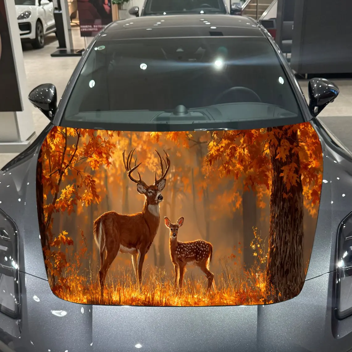 Autumn Forest Leaves Falling Deer PVC Car Hood Wraps, Self-Adhesive Waterproof Car Bonnet Decal Sticker, Car Decoration Protecti