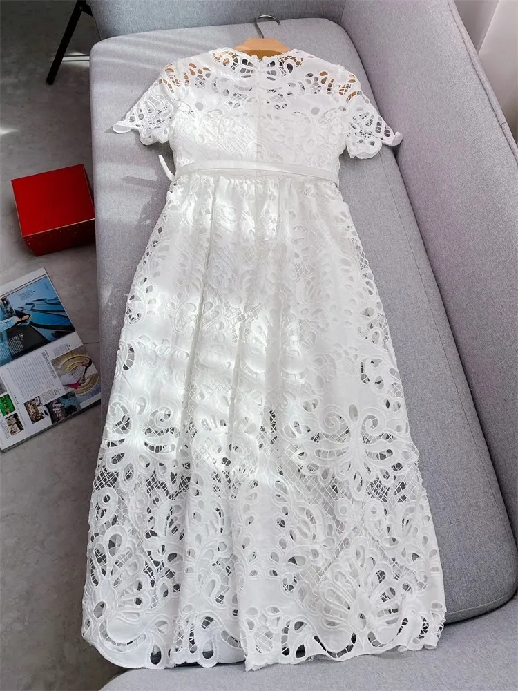 Summer Autumn Holiday White Lace Prom Wedding Dress Women Single Breasted Metal Button Flower Embroidery Midi Long Sundress