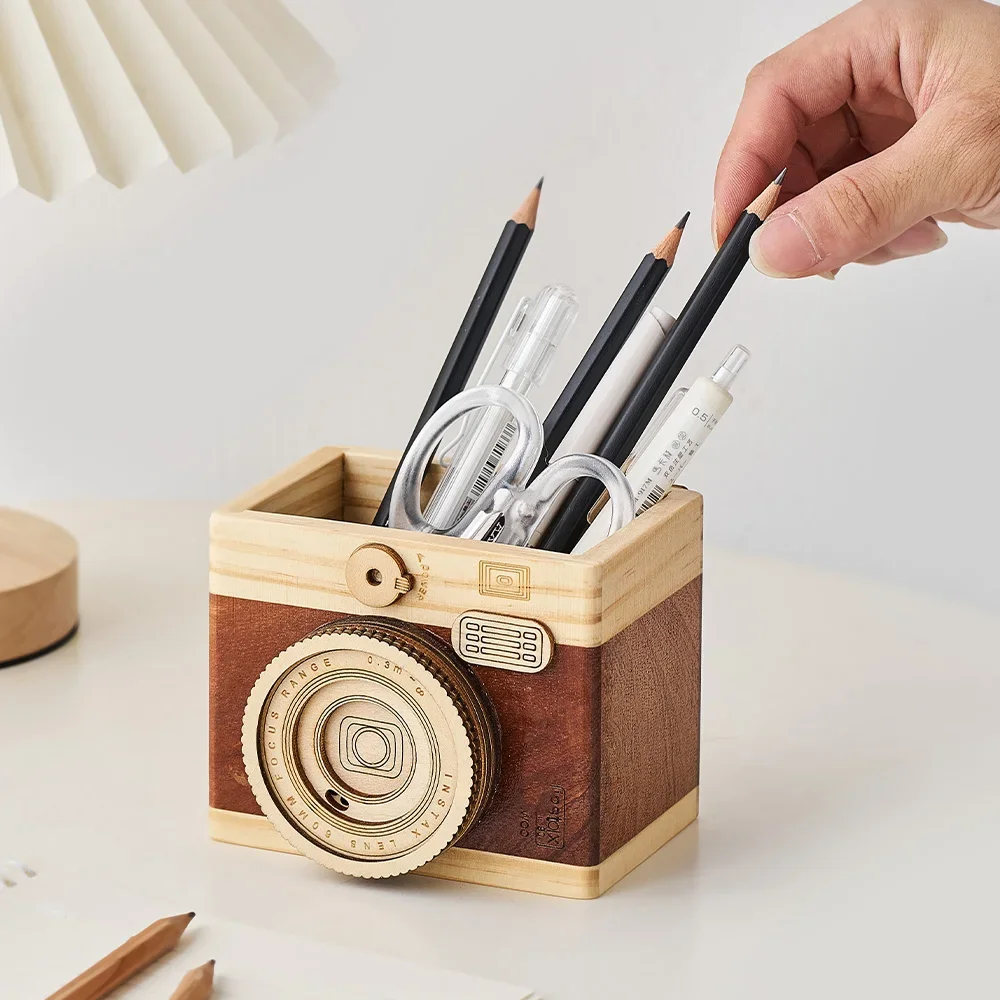 Simple Camera Pen Holder Home Decor Retro Office Study Desk Decoration Stationery Container Wooden Crafts Gift for Students