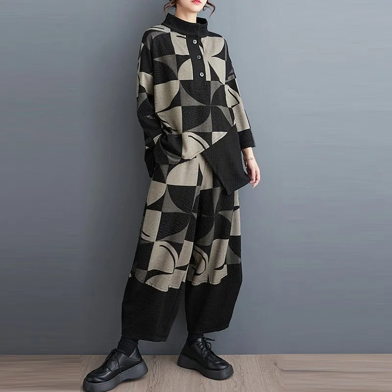 2 Piece Sets Women Casual Pant Suits New 2024 Spring Vintage Style Geometric Print Female Long Sleeve Tops And Harem Pants B3213