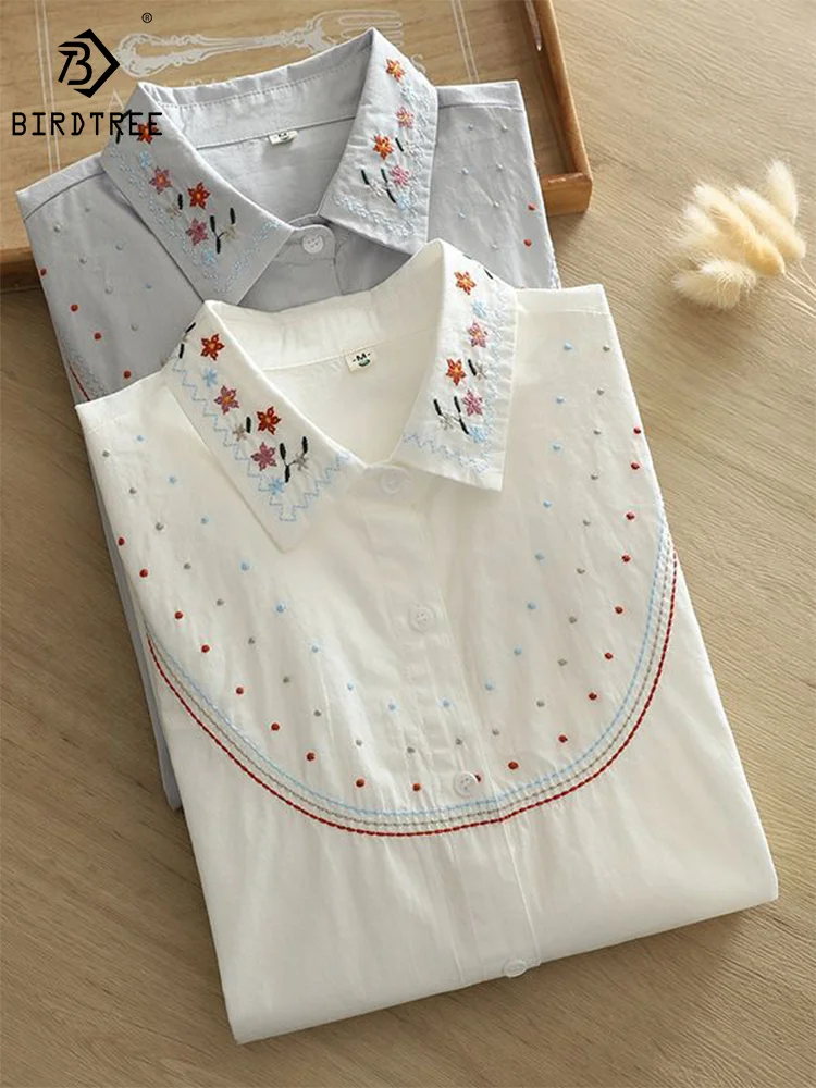 Pure Cotton White Shirts Women Turn Down Collar Ethnic Embroidery Tops Long Sleeve Loose Casual Blouses Autumn Spring T37962JM