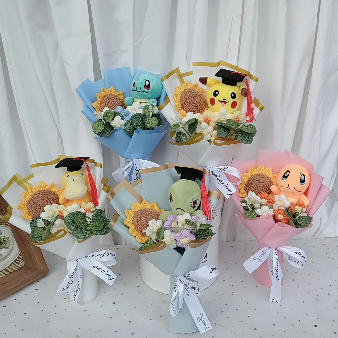 Graduation Pikachu Plush Bouquet Pokemon Charizard Stuffed Doll with Sunflower Birthday Valentine's Day Christmas Party Gift