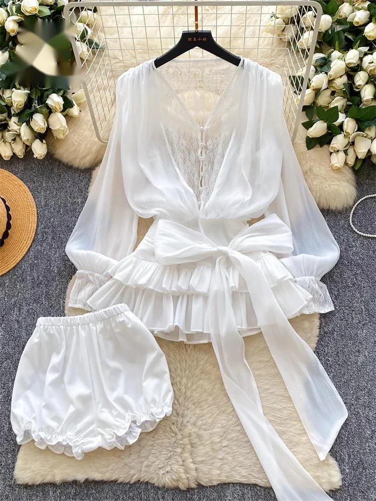 

Fairycore Lace Chiffon Dresses With Stretch Shorts Pearl Button Bow Female Ruffles Sheer Seaside Holiday Mini Dress