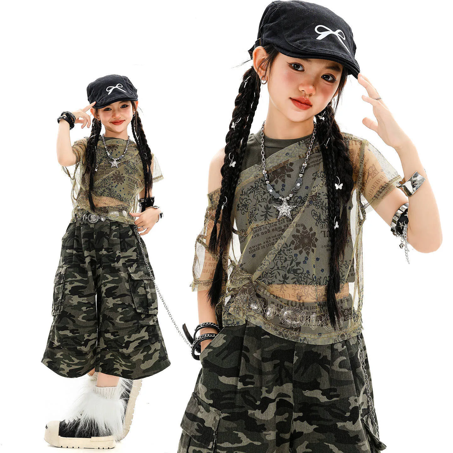 

Kid Hip Hop Clothing Print Mesh Smock Crop T Shirt Army Green Tank Camo Cargo Shorts Middle Pants for Girl Dance Costume Clothes