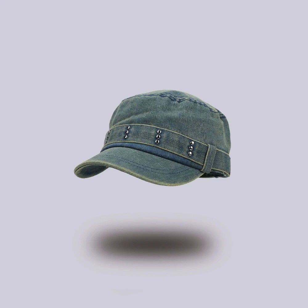 

Casual Rivet Flat Top Hat Washed Denim Y2k Peaked Cap Visor Gothic Cadet Cap Unisex