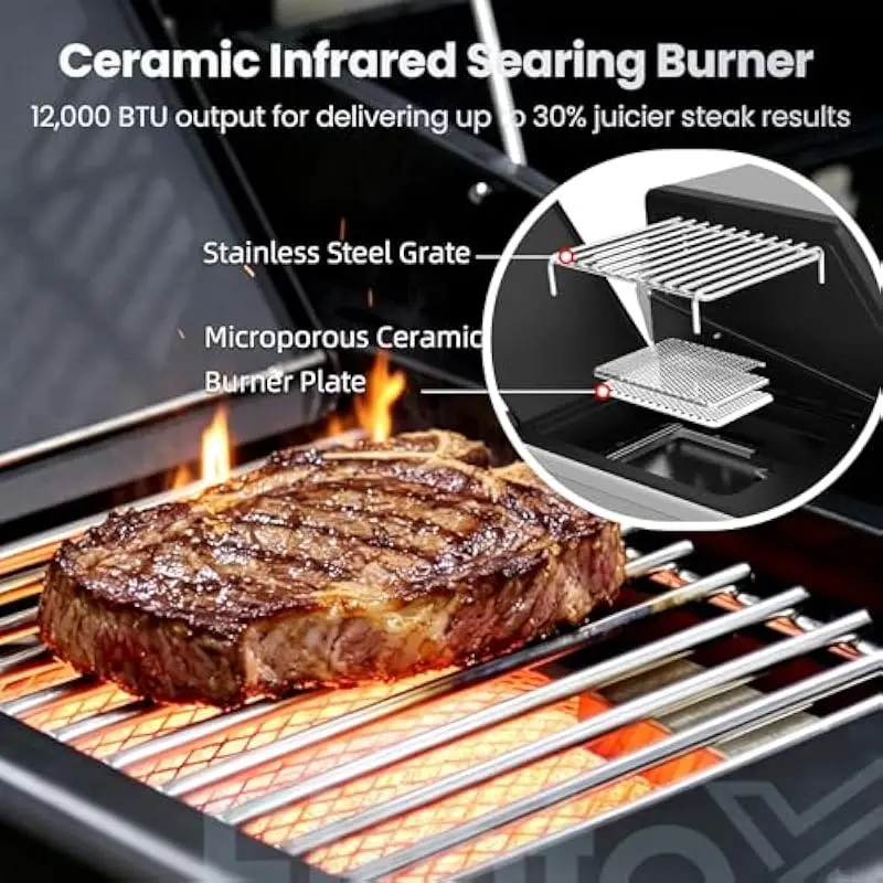Gas Grill with 4 Main Burners Plus Infrared Searing Zone, Porcelain-Coated Cast Iron Grates in Multiple Configurations, 625 sq i