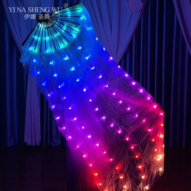 Color Changing LED Fan Luminescent Fantasy Fan Silk Long Fan Belly Dance Performance Props Bar KTV Stage Performance Props 1pc