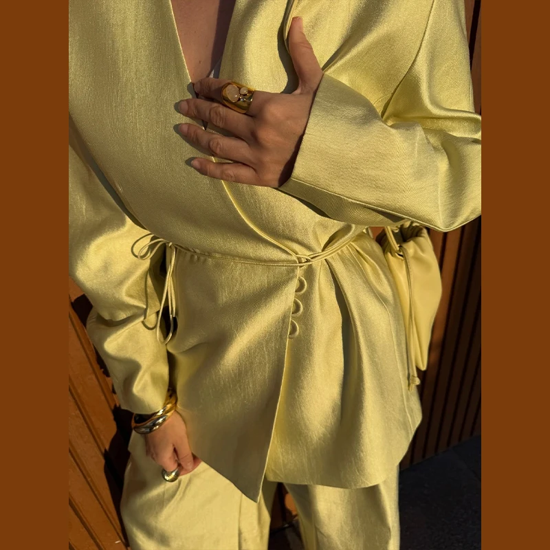 Luxury Satin Solid Wide-leg Pants Suit Women Elegant Cinched Waist V-neck Full Sleeve Coat Sets Female Commute Office Daily Wear