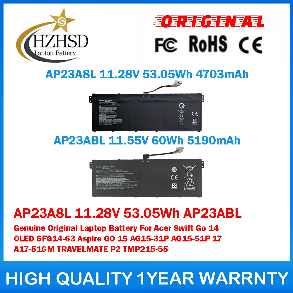 

AP23A8L 11.28V 53.05Wh AP23ABL Оригинальная батарея для ноутбука Acer Swift Go 14 OLED SFG14-63 Aspire GO 15 AG15-31P AG15-51P