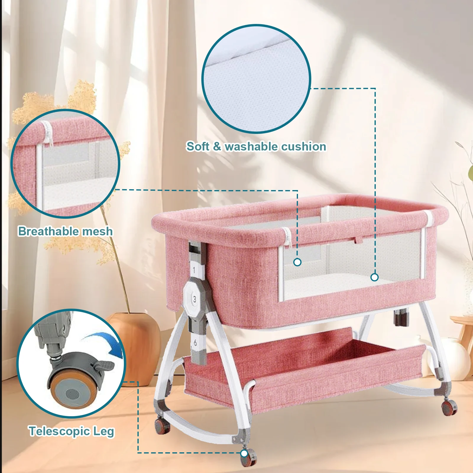 90x55cm Baby Crib Portable Splicing Cradle Bed With Wheels,Mosquito Net Foldable Height Adjustable Movable Bedside Swing Beds