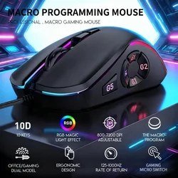 Wired Gaming Office Mouse 7200DPI RGB Backlit Mouse 6 Adjustable DPI Levels/10 Programmable Buttons/Back to Desktop Button Mouse