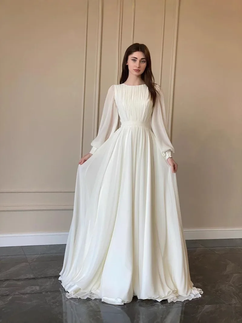 

Fmxires 2025 New Autumn Fashionable Lantern Beaded Sheer White Wedding Dress Round Neck Gown Dress European And American Style