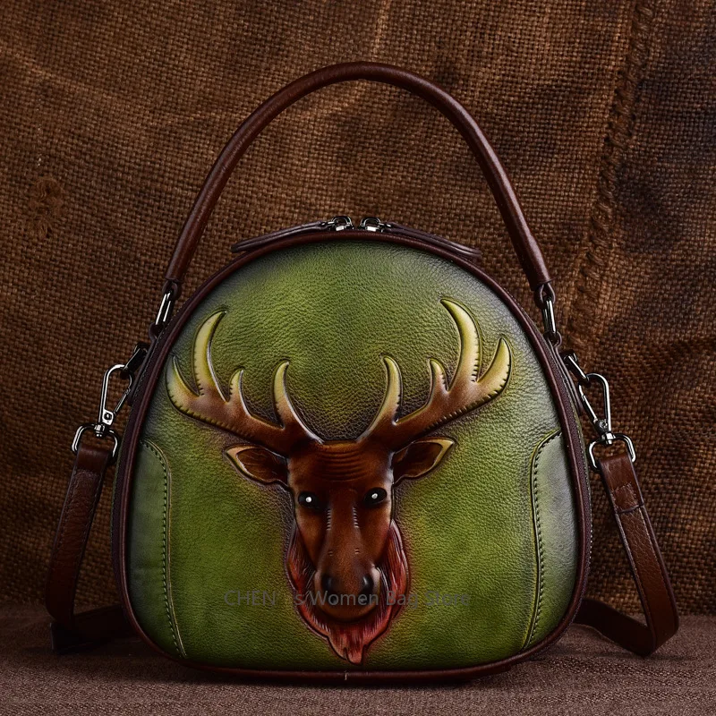 

New Embossed Cowhide Shoulder Bag For Women Fashion Small Deer Head Crossbody Bags Chinese Style Genuine Leather Handbag