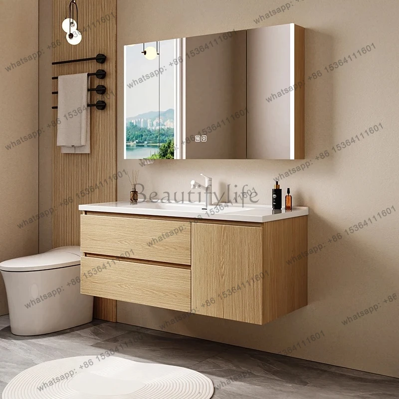 

Solid Wood Bathroom Cabinet with Ceramic Integrated Basin, Washbasin Combination, Simple Bathroom Vanity
