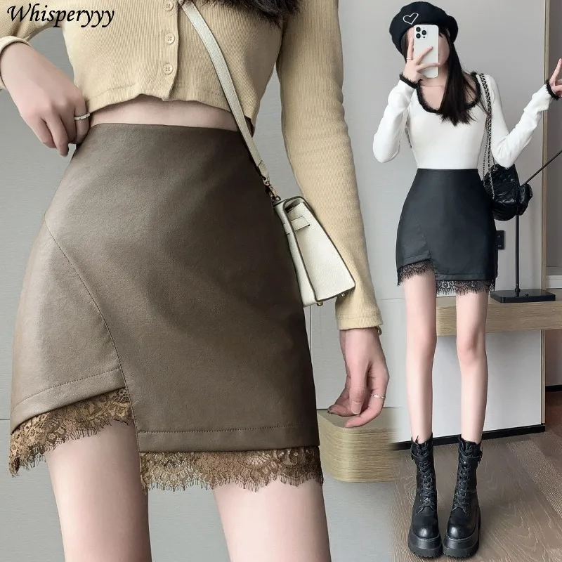 

Новая короткая юбка из искусственной кожи для женщин, весна-осень, однотонная юбка трапециевидной формы с высокой талией, кружевная лоскутная короткая юбка Femlae