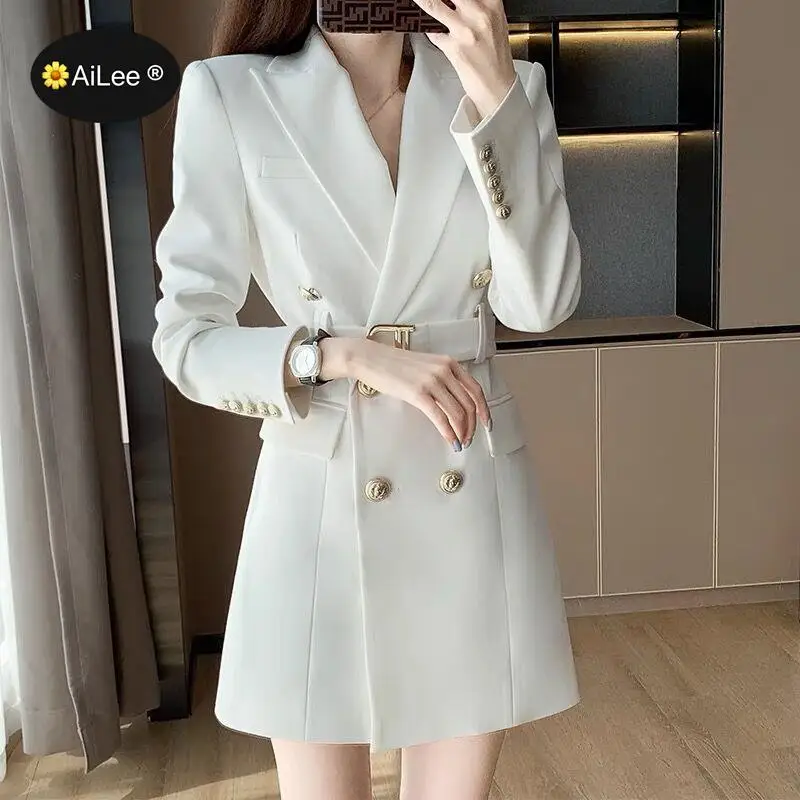 S-5XL Fashion Women Long Blazer con cintura Chic Popular Quality Femmale Bodycon Coat Double Breasted High Street Trench Dress