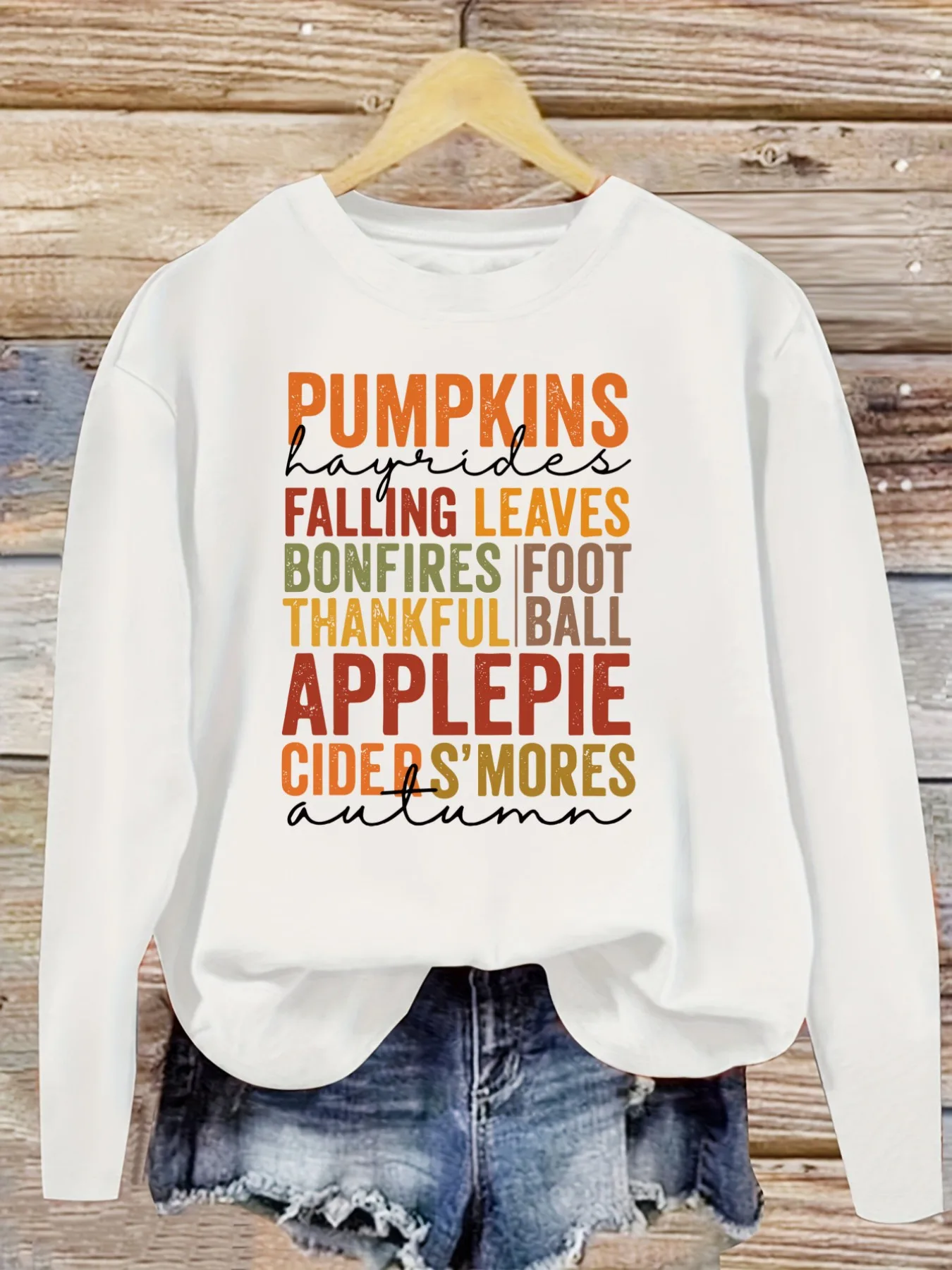 Women's Casual Long Sleeve Crew Neck T-Shirt Pumpkins Hayrides Falling Leaves Bonfires Design, Round Neck Women's Clothing, Machine Washable, Slightly Elastic, Loose Fit, Spring Autumn Winter Women's T-Shirt, Halloween Costume Outfit view 5