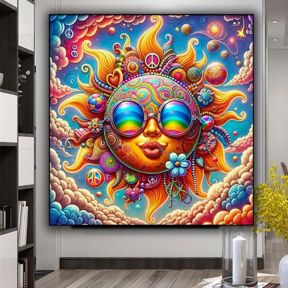 2025 New Psychedelic Sun Diamond Painting Kit Full Square Round Diamond Mosaic Craft, DIY Full Diamond Art for Home Wall Decor