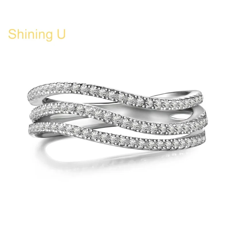 Shining U S925 Silver Zircon Gems Row Diamond Ring for Women Fine Jewelry Anniversary Summer