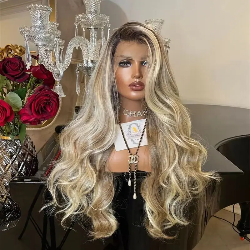 

30-дюймовый Ombre золотисто-платиновый блондин цветной синтетический парик фронта шнурка для женщин с темным корнем, реалистичные парики естественного вида