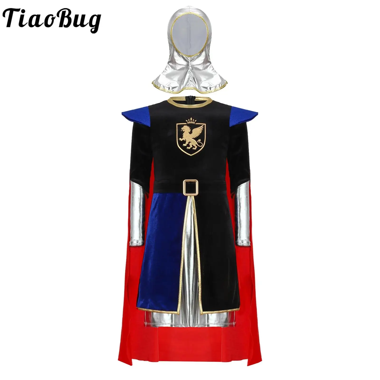 

Kids Boys Knight Costume Outfit Halloween Cosplay Fancy Dress Up Long Sleeve Metallic Patchwork Zipper Robe with Cape and Coif