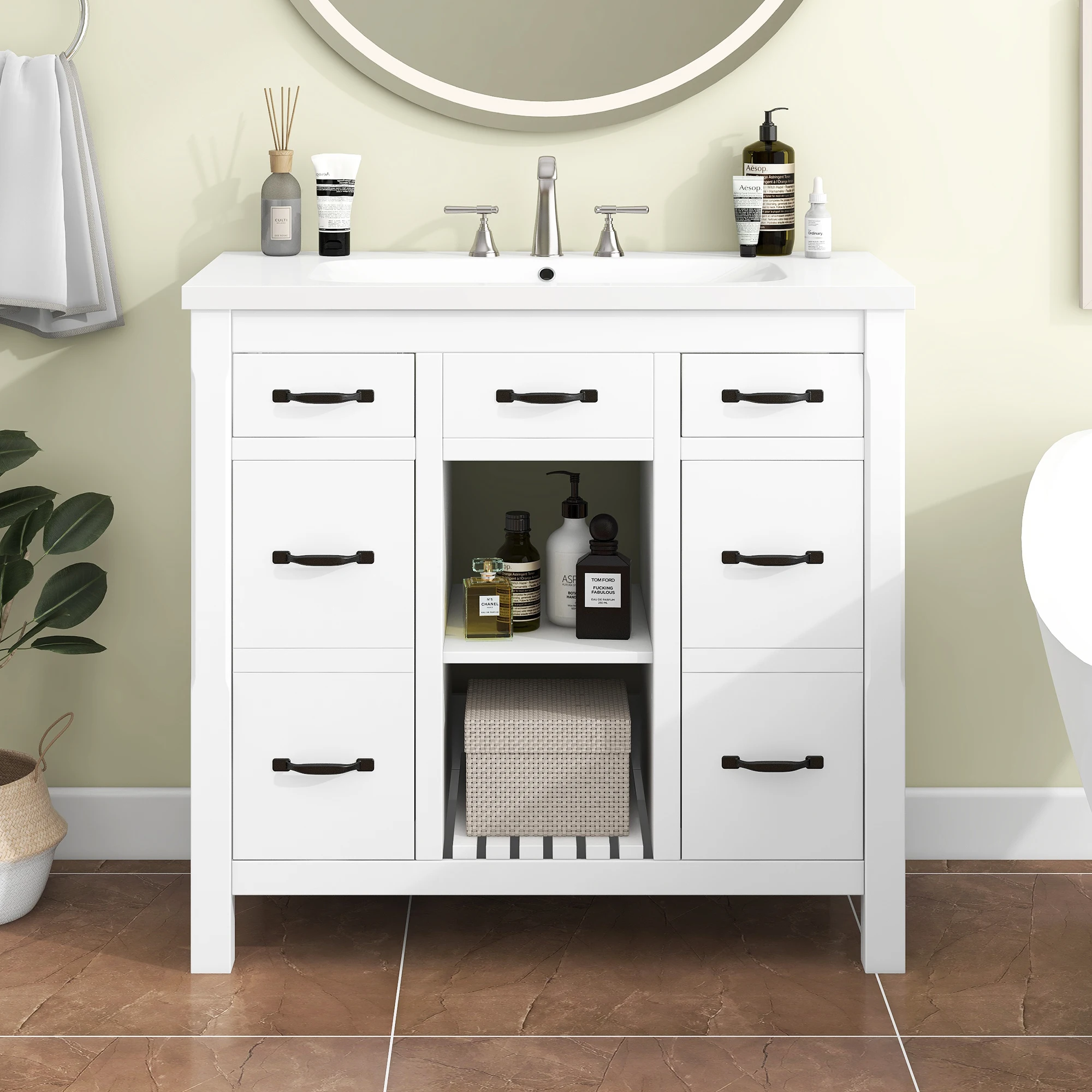 36'' Solid Wood Frame Bathroom Vanity without Sink,Modern Bathroom Storage Cabinet with 2 Drawers and 2 Cabinets