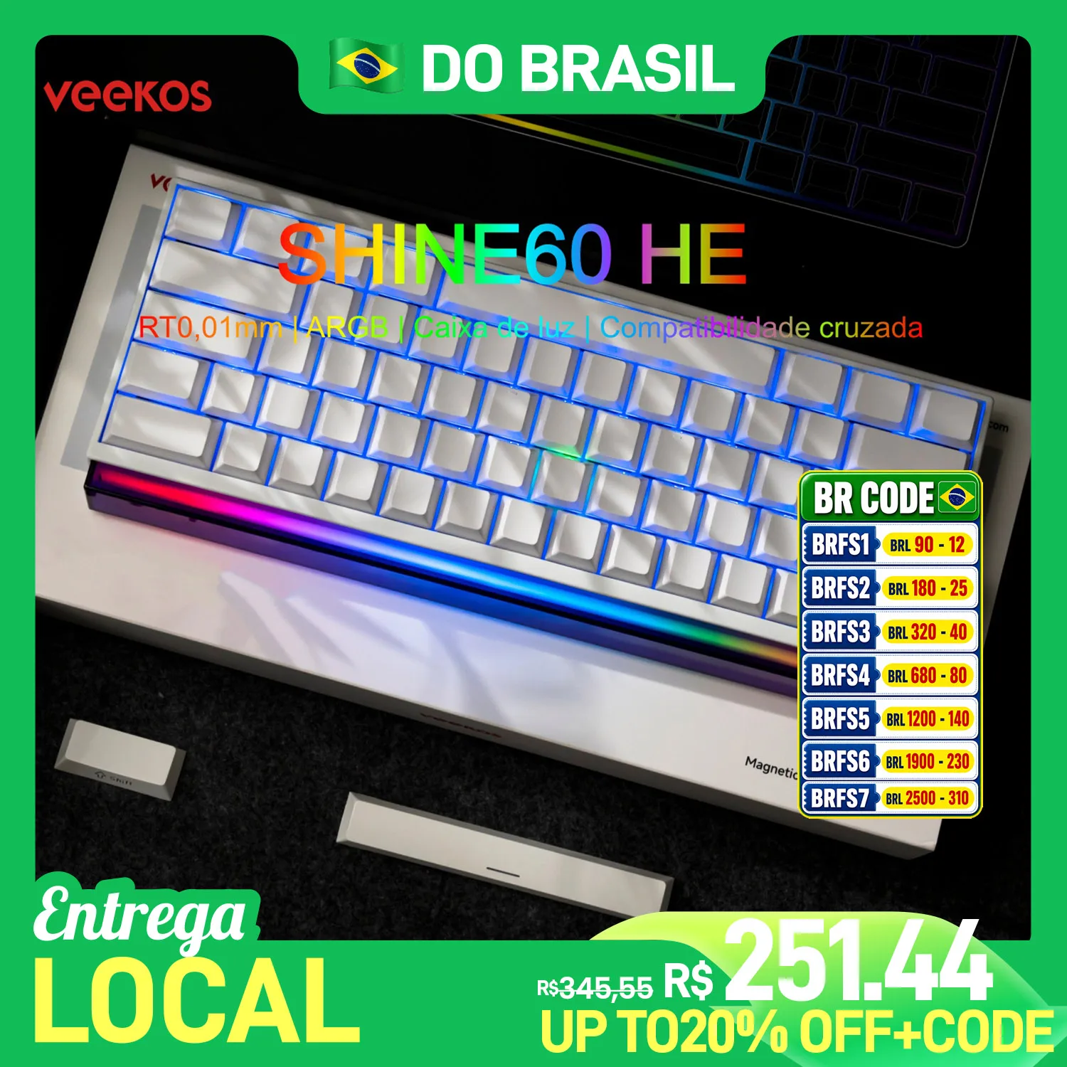 Veekos Teclado Shine60 HE 60% AGRB com Lightbox RT0.01mm Interruptor Magnético 8K Tipo-C Teclado Mecânico E-Sports