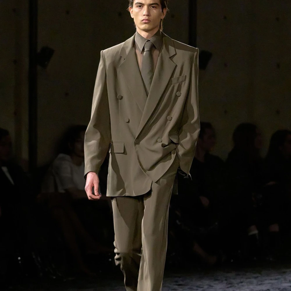 

Yellow Brown Men's Premium Suits Fashon 2 Piece Jacket Pant Sets Double-Breasted Notch Label Loose Fit Male Clothing Outfits